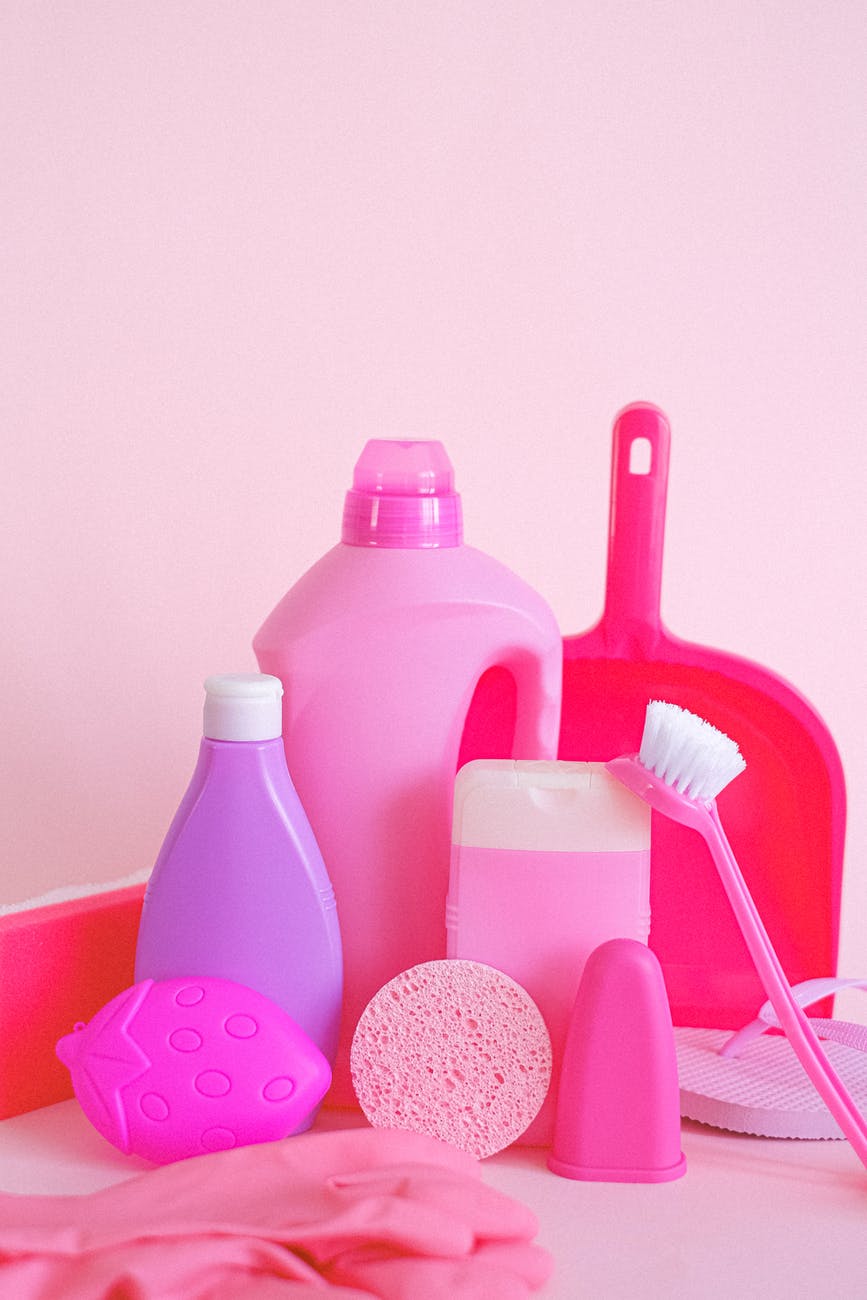 plastic bottles and cleaning supplies for washing